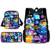 A set of cartoon kids' backpack, shoulder bag, and pencil case featuring colorful, glowing characters and themes.