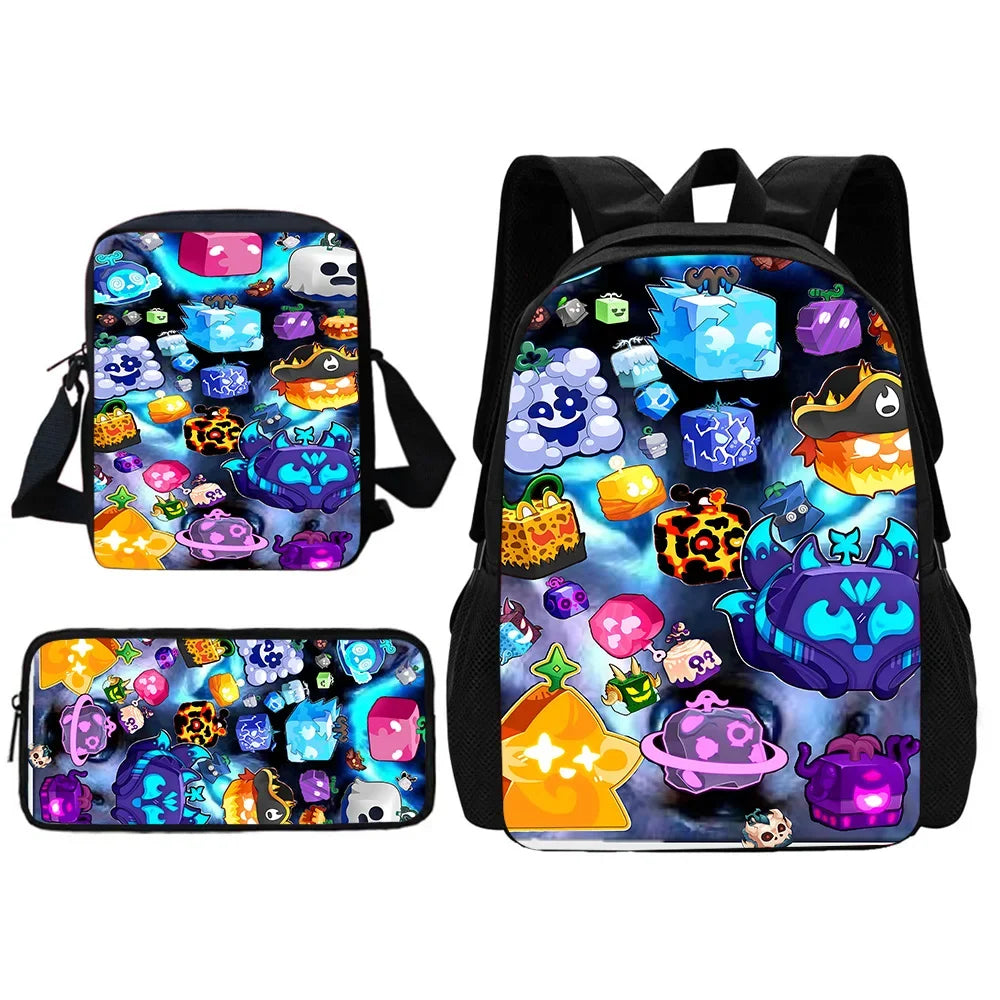 A set of cartoon school backpack, shoulder bag, and pencil case featuring colorful characters and designs for kids.