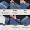 Six steps demonstrating how to use double-sided iron-on adhesive tape for garment repair on denim fabric.
