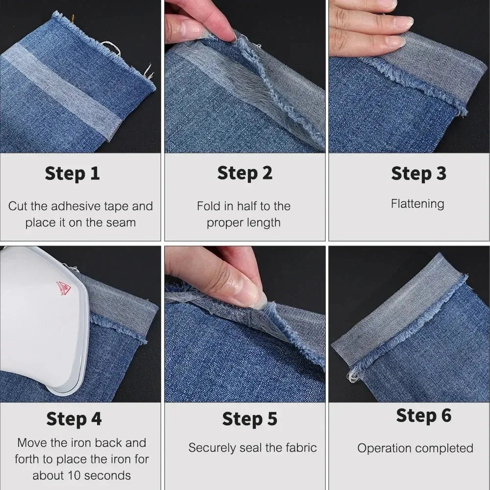 Six steps demonstrating how to use double-sided iron-on adhesive tape for garment repair on denim fabric.