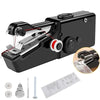 A black portable handheld sewing machine with various accessories shown on a white background.