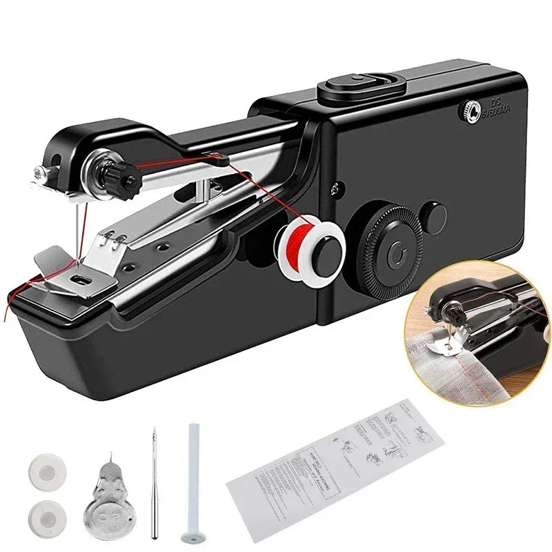 A black portable handheld sewing machine with various accessories shown on a white background.