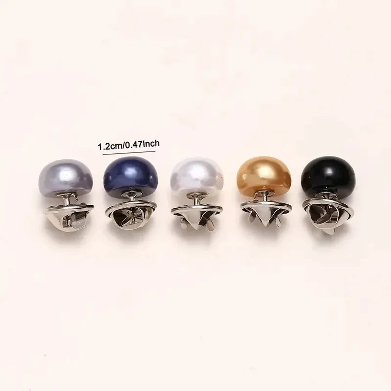 A set of five button pins featuring various colored faux pearls and gemstones for DIY decoration.