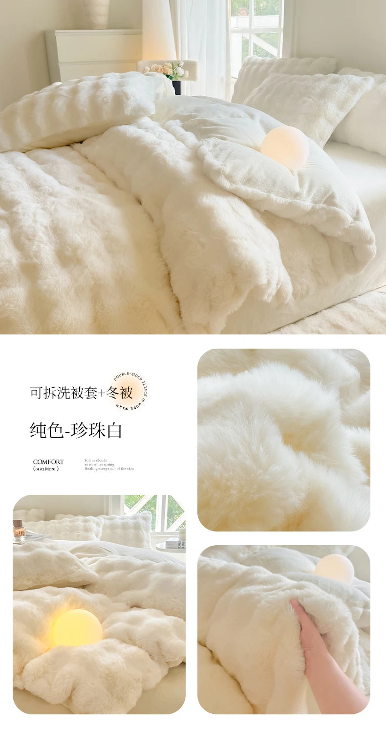 A fluffy white rabbit fleece duvet cover displayed on a bed, showing close-ups of the texture and light.