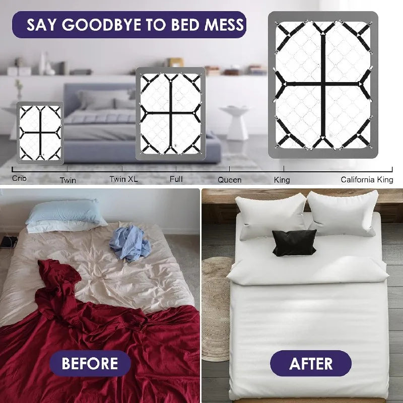 Before and after comparison showing adjustable bed sheet straps for keeping fitted sheets tightly in place