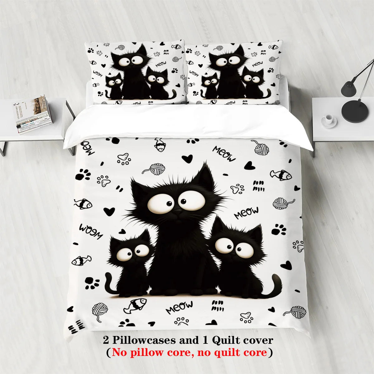 A set of three black cat print pillowcases and a quilt cover featuring cats on a white background.