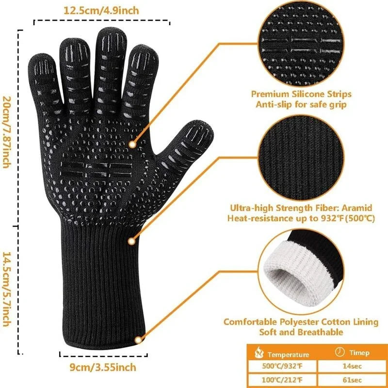 Black heat resistant BBQ gloves featuring silicone grips and an aramid fiber lining for safe handling