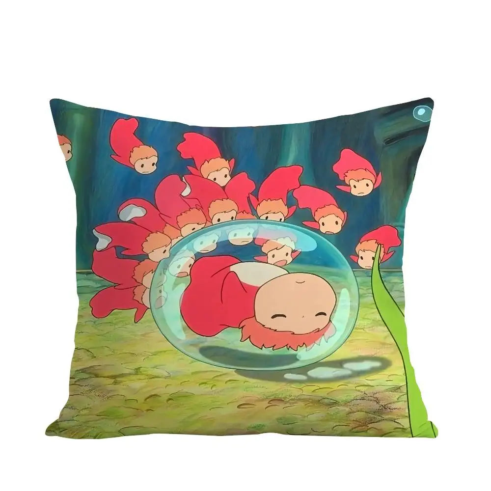 A decorative pillow cover featuring a cartoon illustration of a pink pony with red mane and a green background.