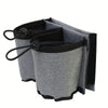 A black and gray universal suitcase cup holder designed for hands-free travel.