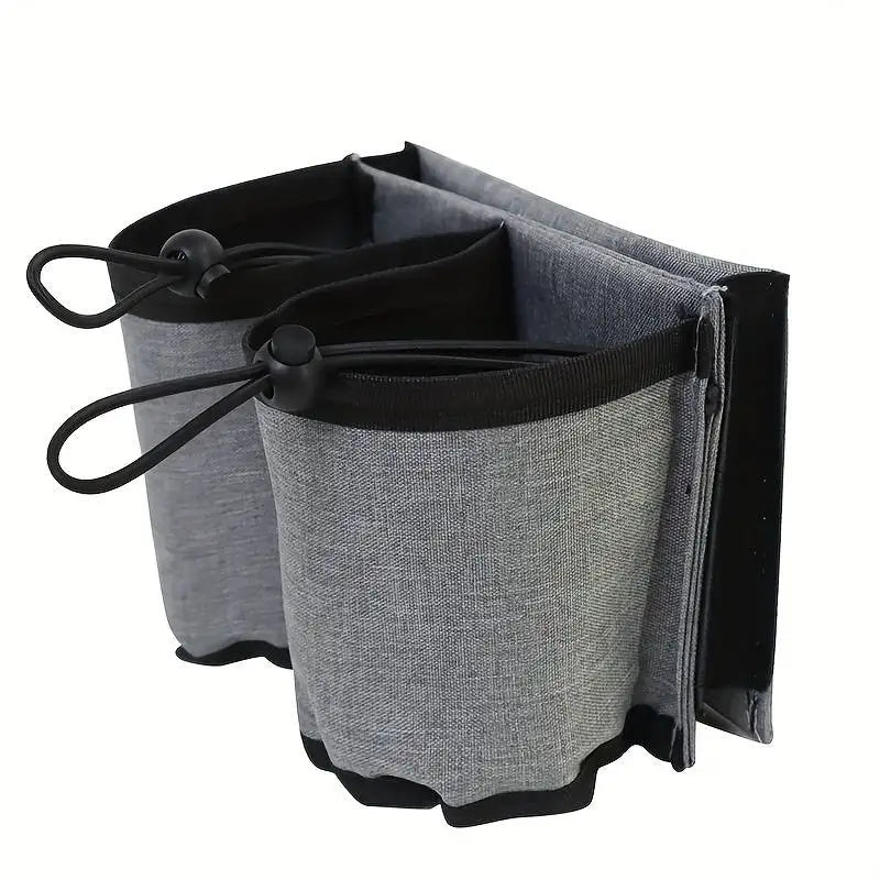 A black and gray universal suitcase cup holder designed for hands-free travel.