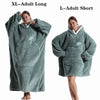 A woman models a gray plush fleece blanket hoodie, shown in both long and short styles.