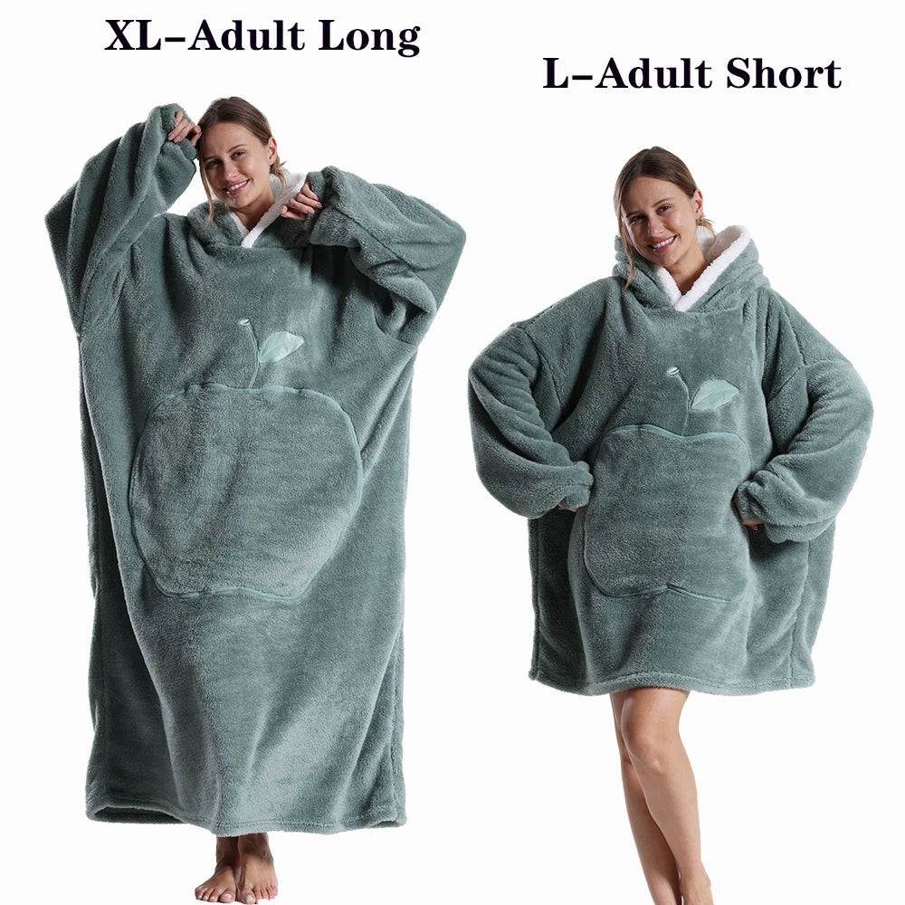 A woman models a gray plush fleece blanket hoodie, shown in both long and short styles.