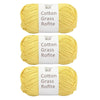 Three skeins of yellow cotton grass roving yarn displayed side by side.