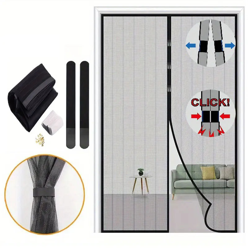 A magnetic screen door curtain showing installation and operation with a sliding glass door.