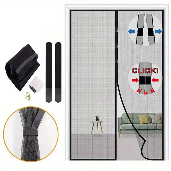 A magnetic screen door curtain showing installation and operation with a sliding glass door.