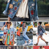 A collage of women wearing denim jackets decorated with various embroidered letter patches and iron-on patches.