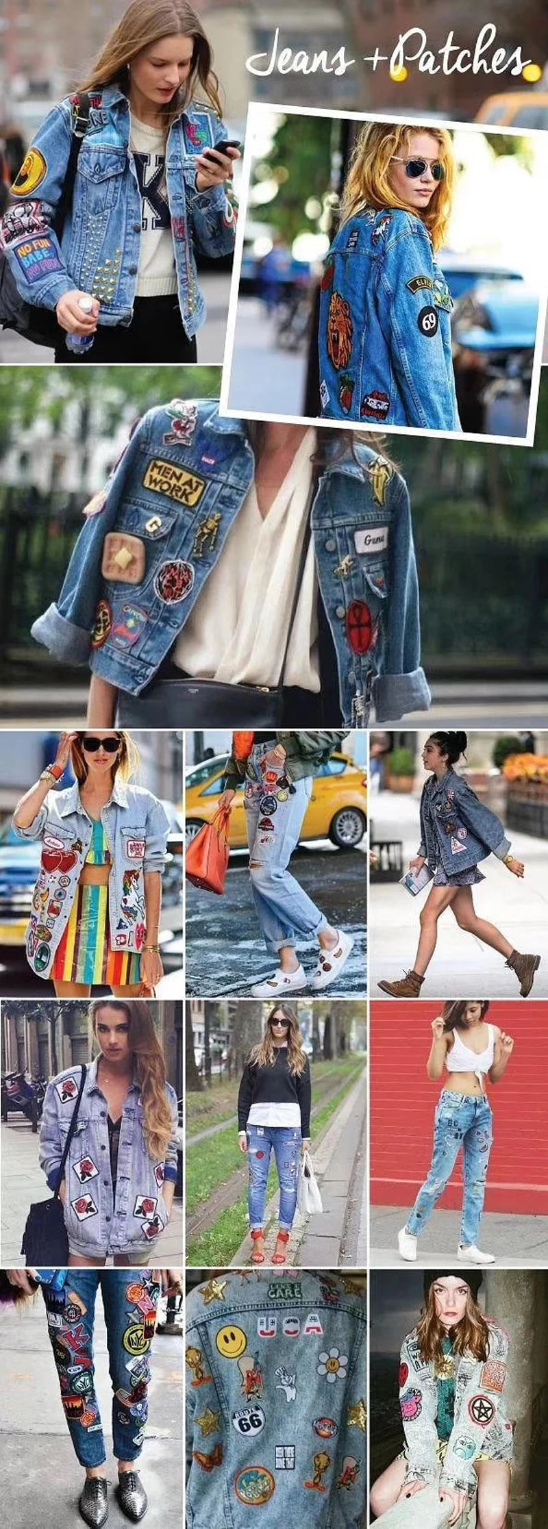 A collage of women wearing denim jackets decorated with various embroidered letter patches and iron-on patches.