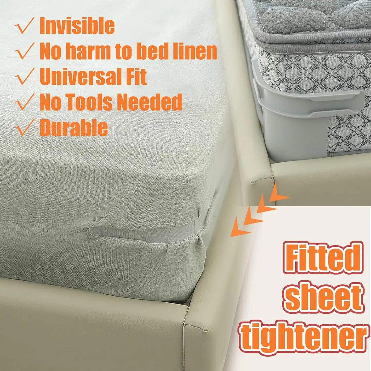 A fitted sheet tightener is shown fitting a bed sheet on a mattress, highlighting its invisible and durable features.