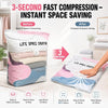 A comparison showing a bulky vacuum storage bag before and after compression, demonstrating instant space saving.