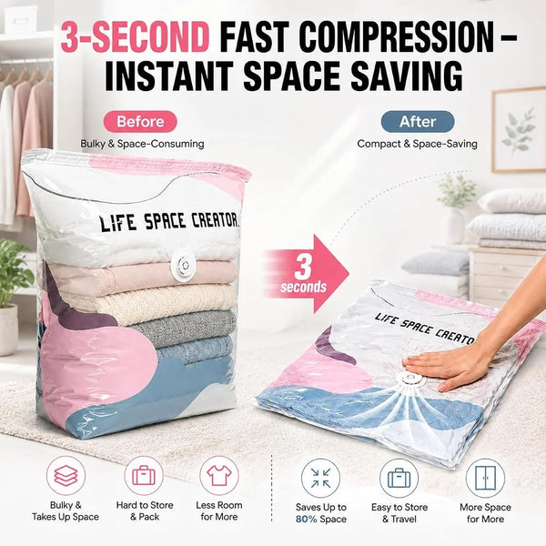 A comparison showing a bulky vacuum storage bag before and after compression, demonstrating instant space saving.