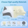A white memory foam cervical neck pillow shown with various dimensions and features like a hidden zipper and breathable mesh 