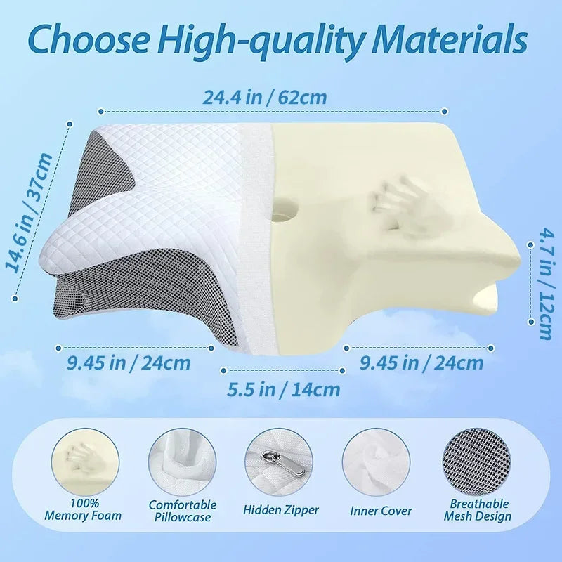A white memory foam cervical neck pillow shown with various dimensions and features like a hidden zipper and breathable mesh 