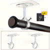 A black curtain rod with two clear adhesive hooks attached, shown with an inset of the individual hooks.