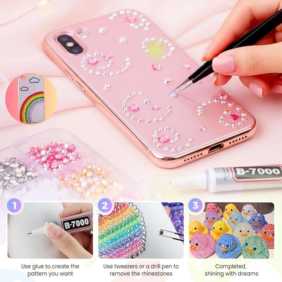 A hand applies pink rhinestones to a smartphone, demonstrating how to create patterns for crafting and decoration.