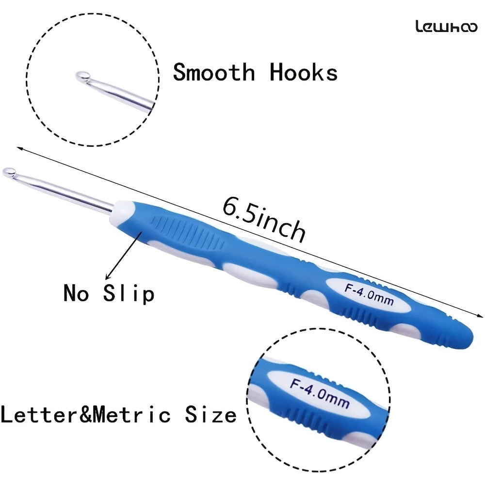 A blue and white ergonomic felt crochet hook set featuring smooth hooks and a 6.5-inch handle.