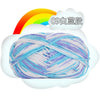 A ball of light blue and purple cotton yarn is shown against a white cloud with a rainbow background.