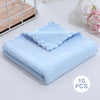 A stack of ten light blue velvet cleaning face towels placed on a white surface.