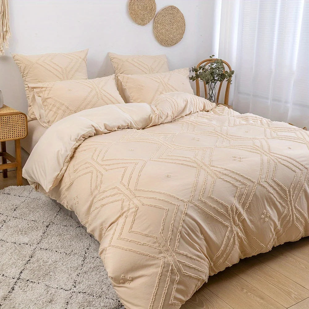 A beige bohemian grid tufted duvet cover set displayed on a bed with matching pillows and natural light.