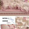 Pink princess style bedding set featuring ruffled fabric and floral patterns for a bed