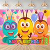 A colorful cartoon illustration of three smiling characters celebrating a birthday party backdrop.