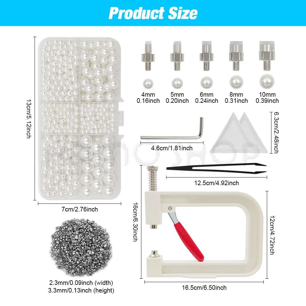 A set of pearl beads, a handheld machine, and rivets for crafting or jewelry making.