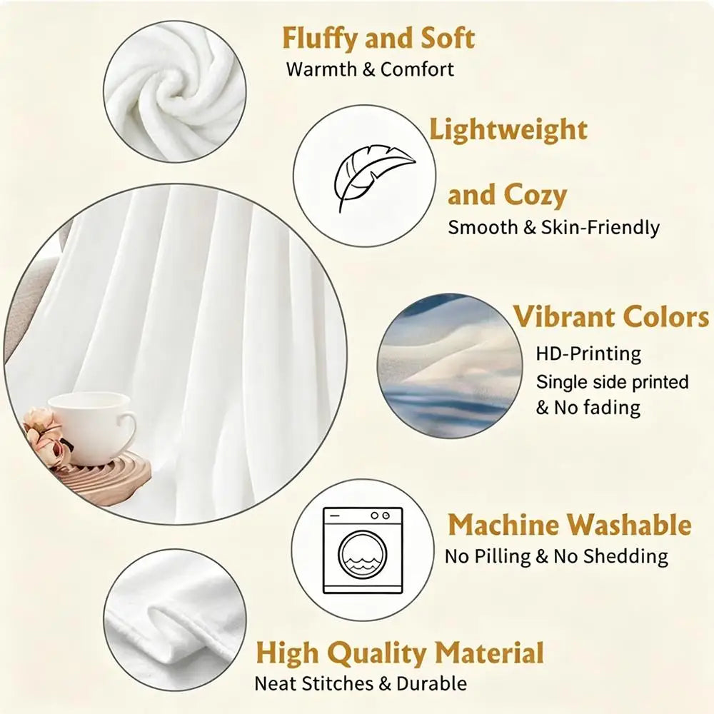 Diagram showing features of a Fluffy and Soft blanket including lightweight design, vibrant colors, machine washability, and 