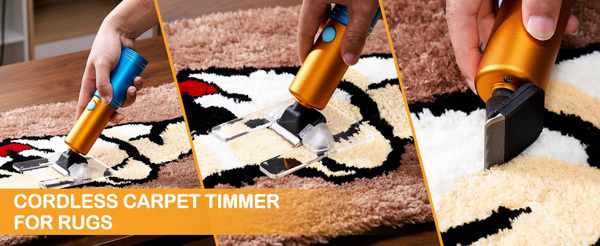 A hand operating a cordless carpet trimmer for rugs, showing the tool and its use on a textured rug.