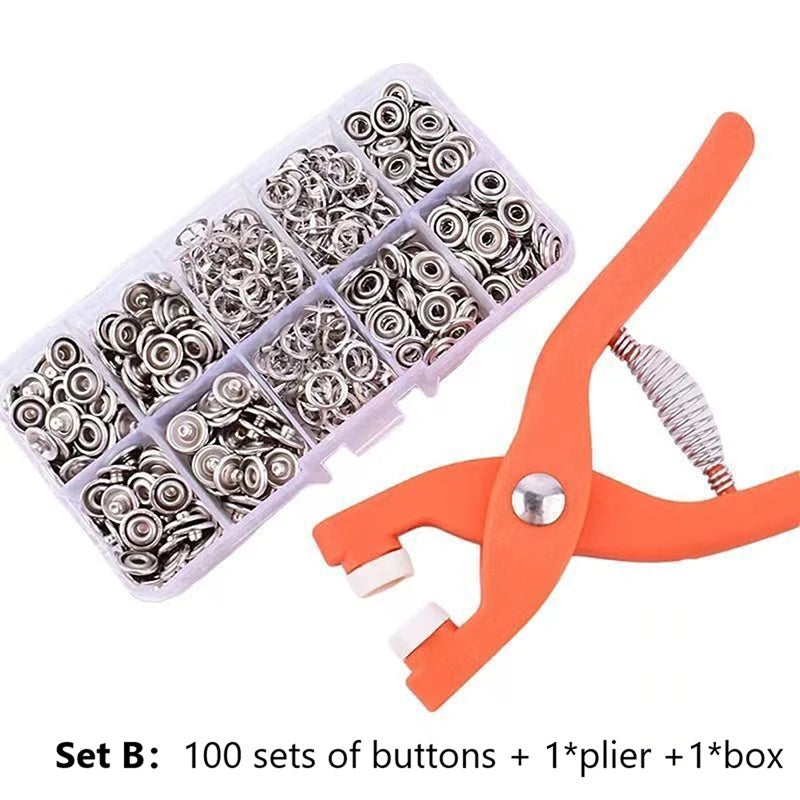 A set of 100 button sets, a pliers, and a box for fastener installation.