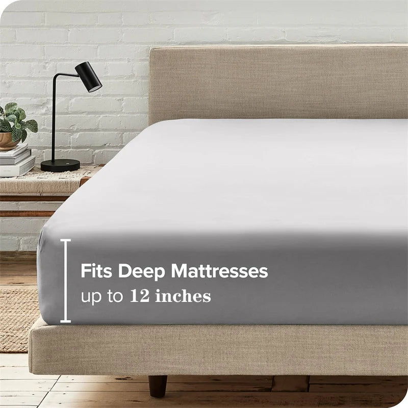 A fitted bed sheet is shown on a bed, with text indicating it fits deep mattresses up to 12 inches.
