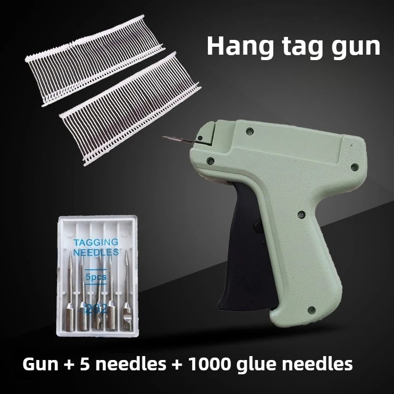 A hand-held tag gun device with a green grip and five tagging needles, along with 1000 glue needles.