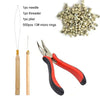 A set of professional hair extension bead tools including a needle, threader, pliers, and micro rings.