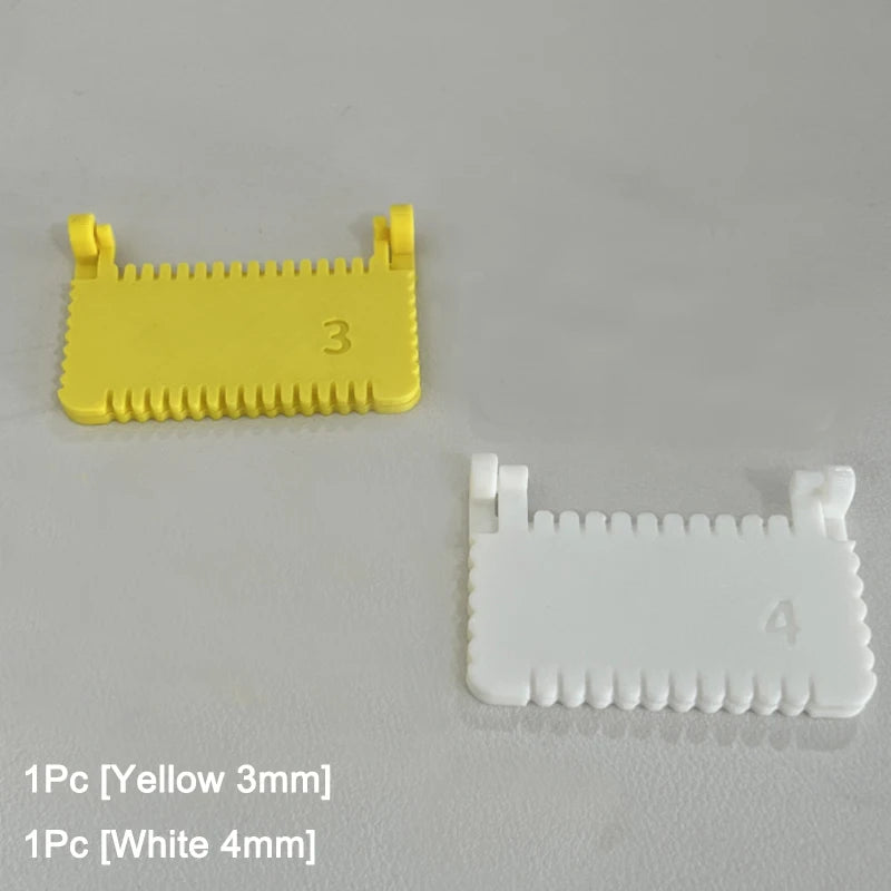 Two hinge-type fabric sewing guides are shown: one yellow 3mm and one white 4mm.