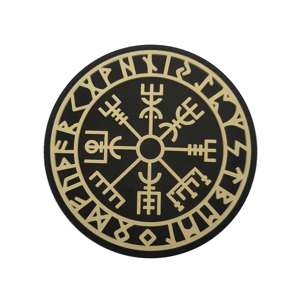 Black circular patch featuring a carved Valknut design with hook and loop backing.