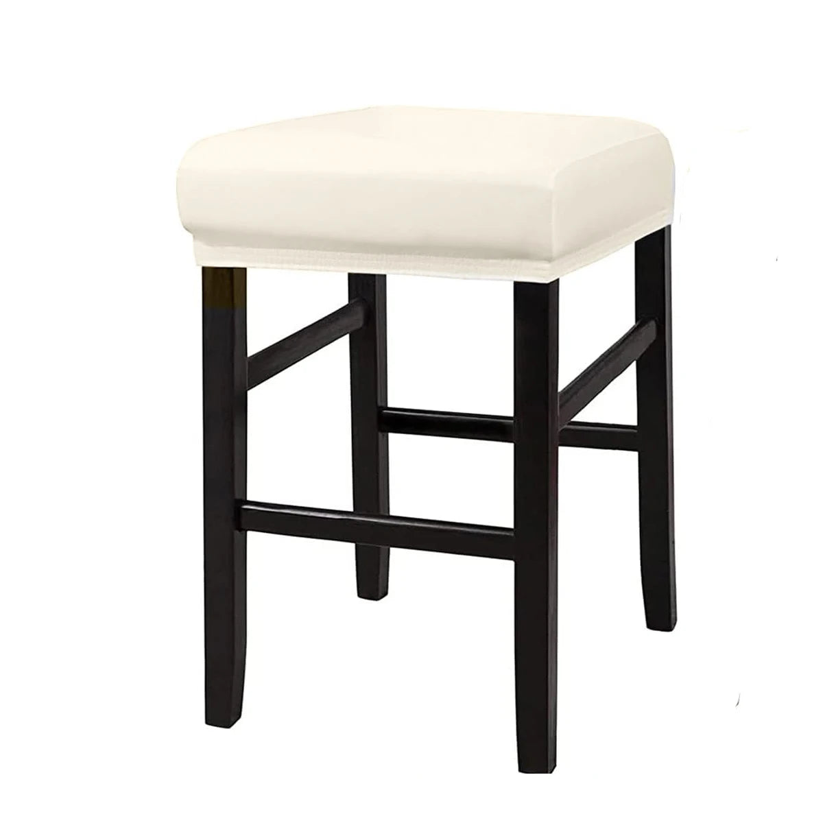A black bar stool with a white upholstered seat and legs.