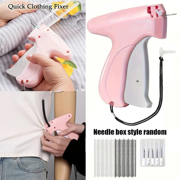 A pink professional fine sewing gun is shown being used to fix clothing on a person's shirt.