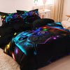 A black duvet cover set featuring a digital print of a glowing blue and purple gaming controller on a dark background.