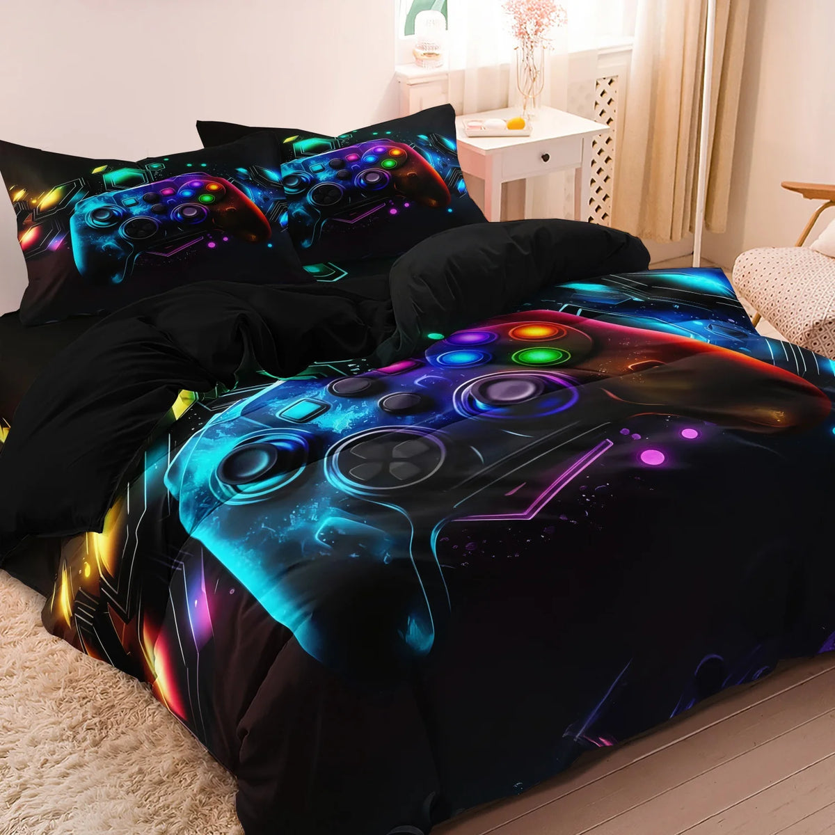 A black duvet cover set featuring a digital print of a glowing blue and purple gaming controller on a dark background.