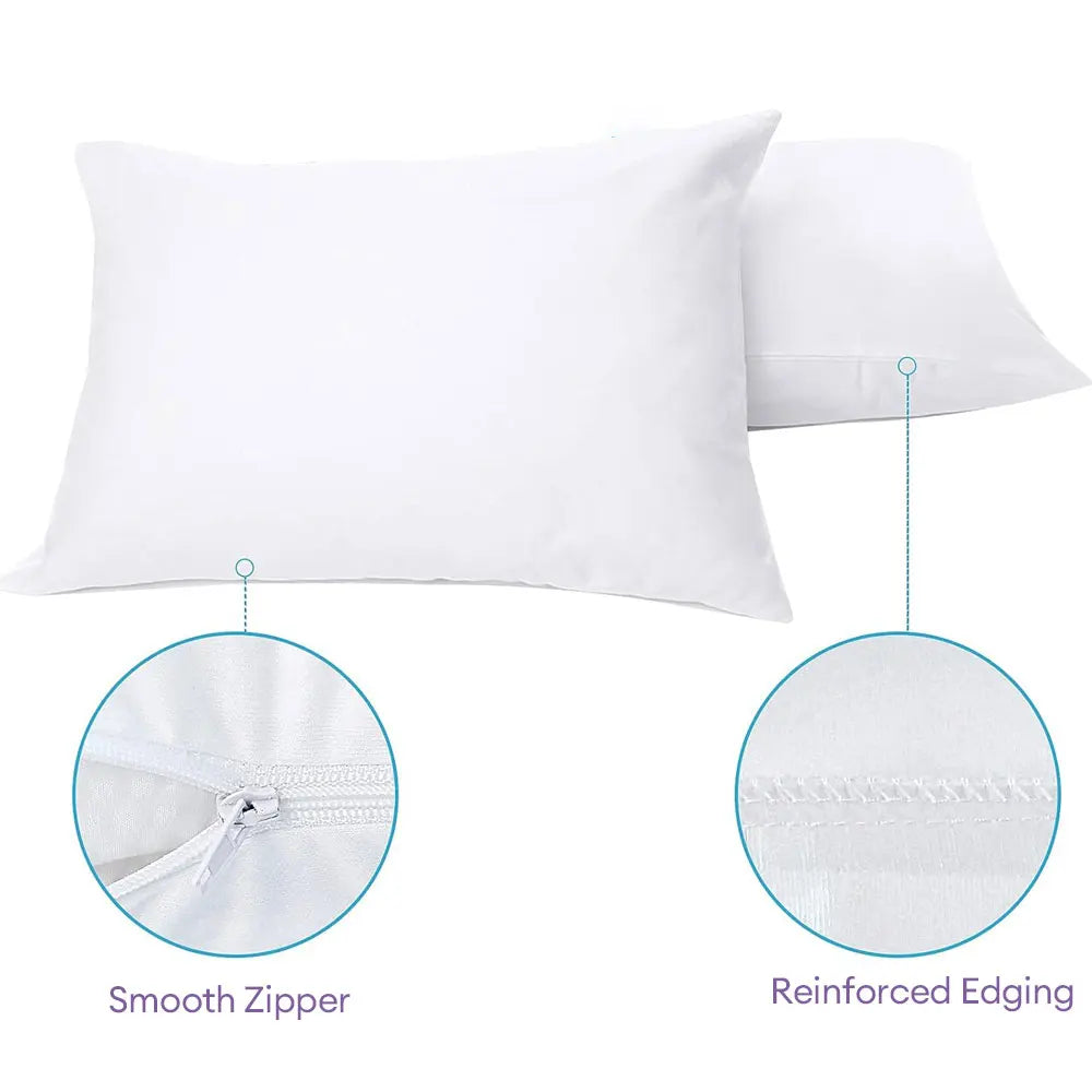White pillow protector cover showing a smooth zipper and reinforced edging details.
