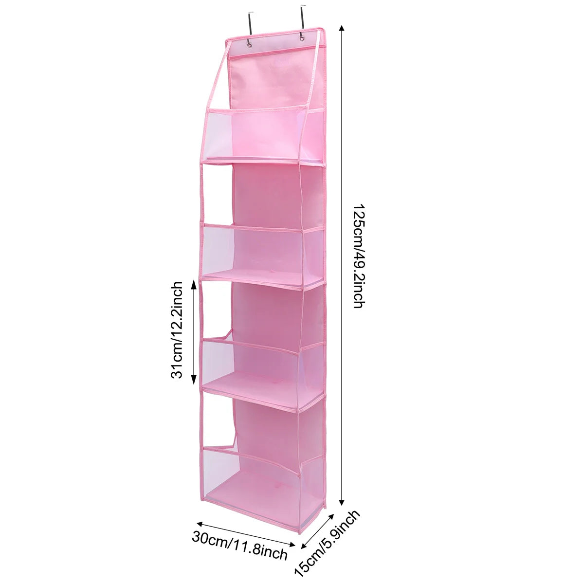 Pink foldable over-the-door storage organizer with multiple clear pockets for organizing items