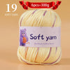 A ball of 19 soft yellow knitting yarn with purple stripes, labeled as handmade knitting thread.